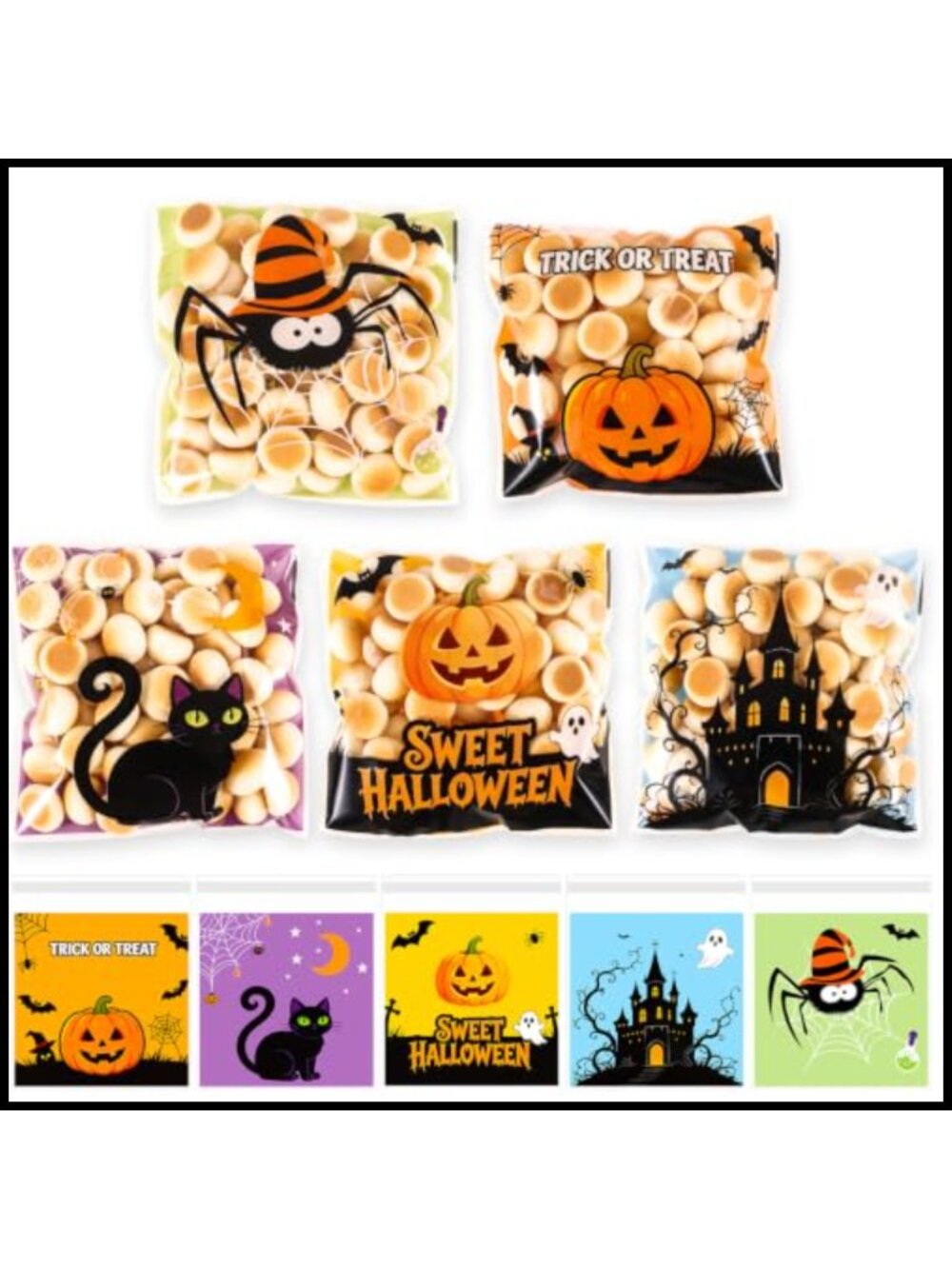 100 PCS Halloween Self Sealing Cellophane Treat Bags Mini Candy Cookie Goodie